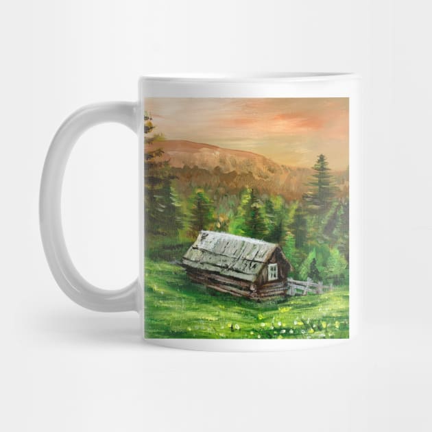 western country farm landscape pine tree old fence mountain rustic log cabin by Tina